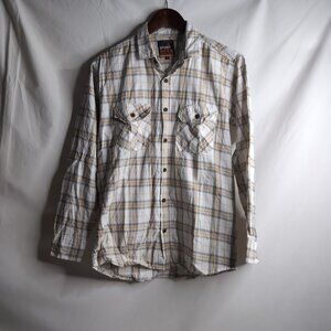 Superdry Men's White/Beige/Black Long Sleeve Plaid Button Up Shirt, Large